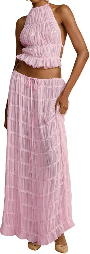 Womens Y2k Maxi Skirt Set Backless Lace Halter Crop Top and Long Skirt Sets Beach Cocktail Club D... | Amazon (US)