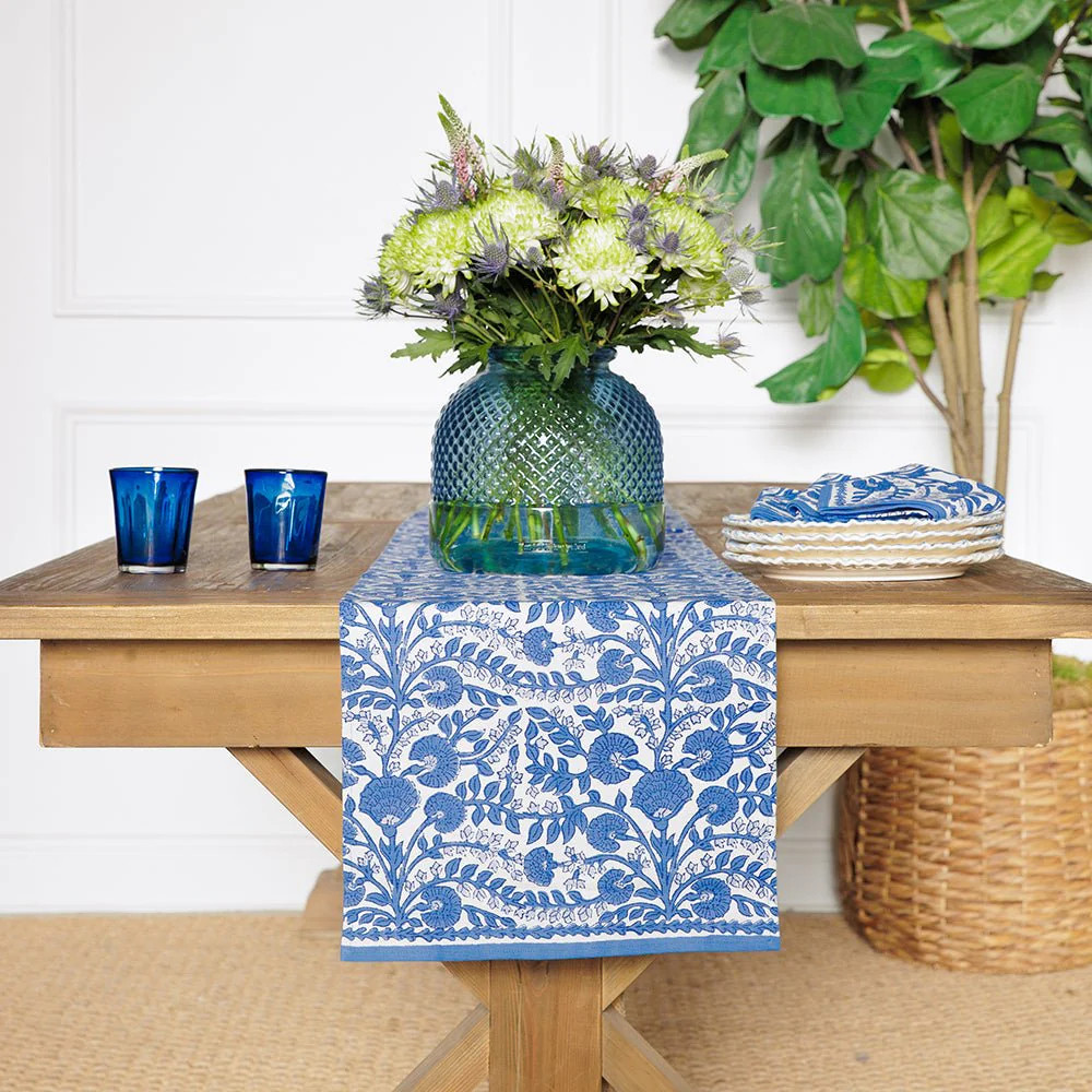 Cactus Flower Blue Table Runner | Blue Floral Table Runner | Pomegranate | Pomegranate