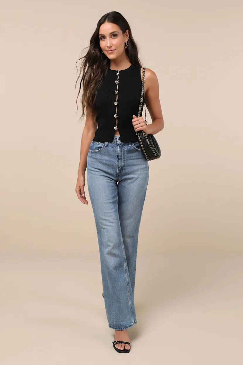Conceptually Chic Black Ribbed Knit Button-Front Tank Top | Lulus