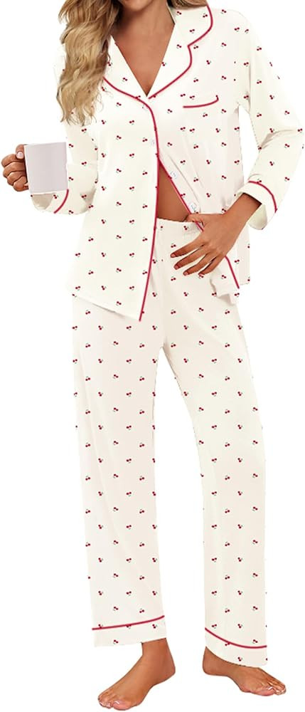 SWOMOG Pajamas for Women Sets 2 Piece Button Down Printed Pjs Long Sleeve Shirt and Pants Fall Sl... | Amazon (US)