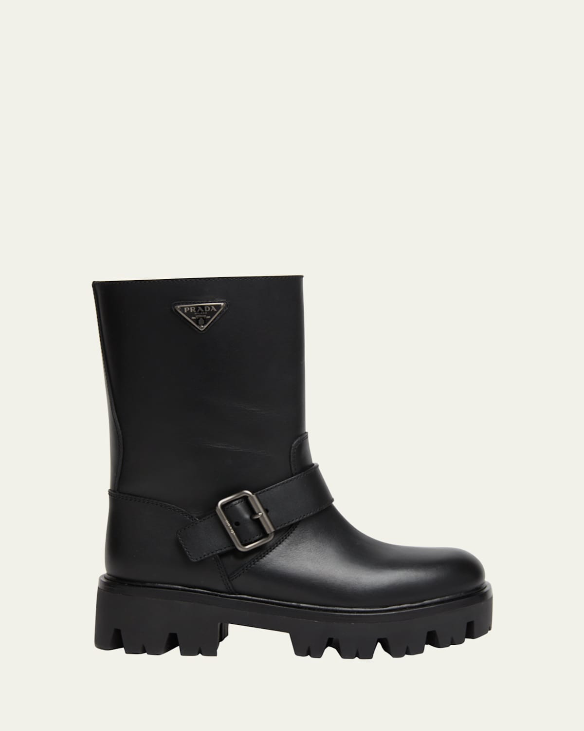 Triangle Logo Leather Moto Booties | Bergdorf Goodman