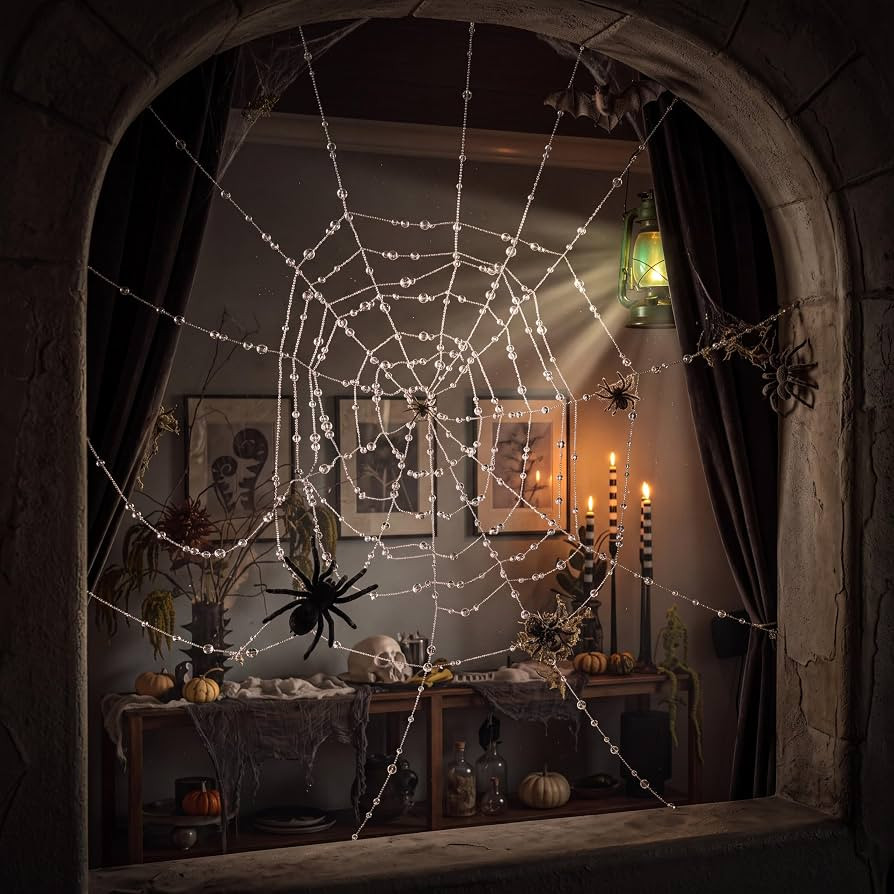 Lewtemi Crystal Spider Web Halloween Decorations Clear Beaded Elegant 3.3ft | Amazon (US)