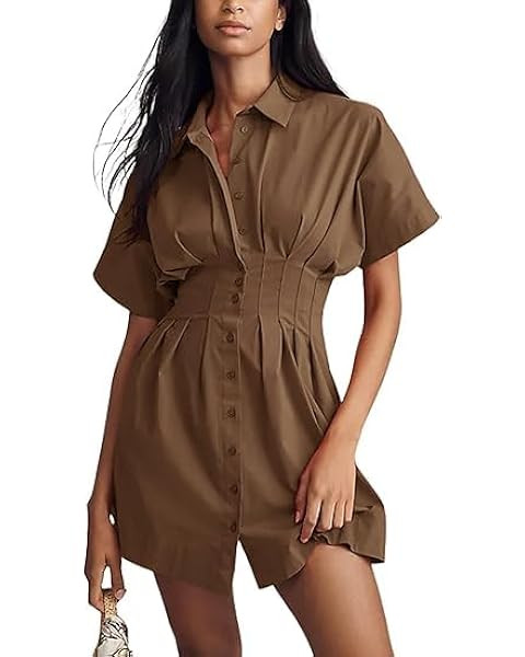 Women Button Front Pleated Shirt Dresses Summer Casual Short Sleeve Pleated Blouse Mini Dress | Amazon (US)