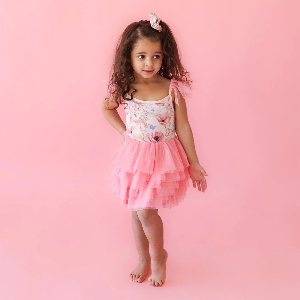 Bunny Floral Pink Ruffled Smocked Girl Tulle Dress | Everly Rose | Posh Peanut