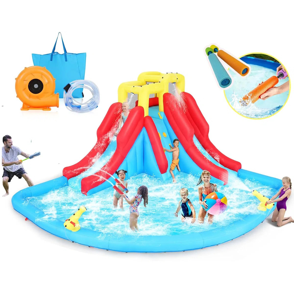 Adam 14.5' x 12.7' Bounce House,Inflatable Water Slide Bounce Castle With 520W Blower For Kids 3-... | Wayfair North America