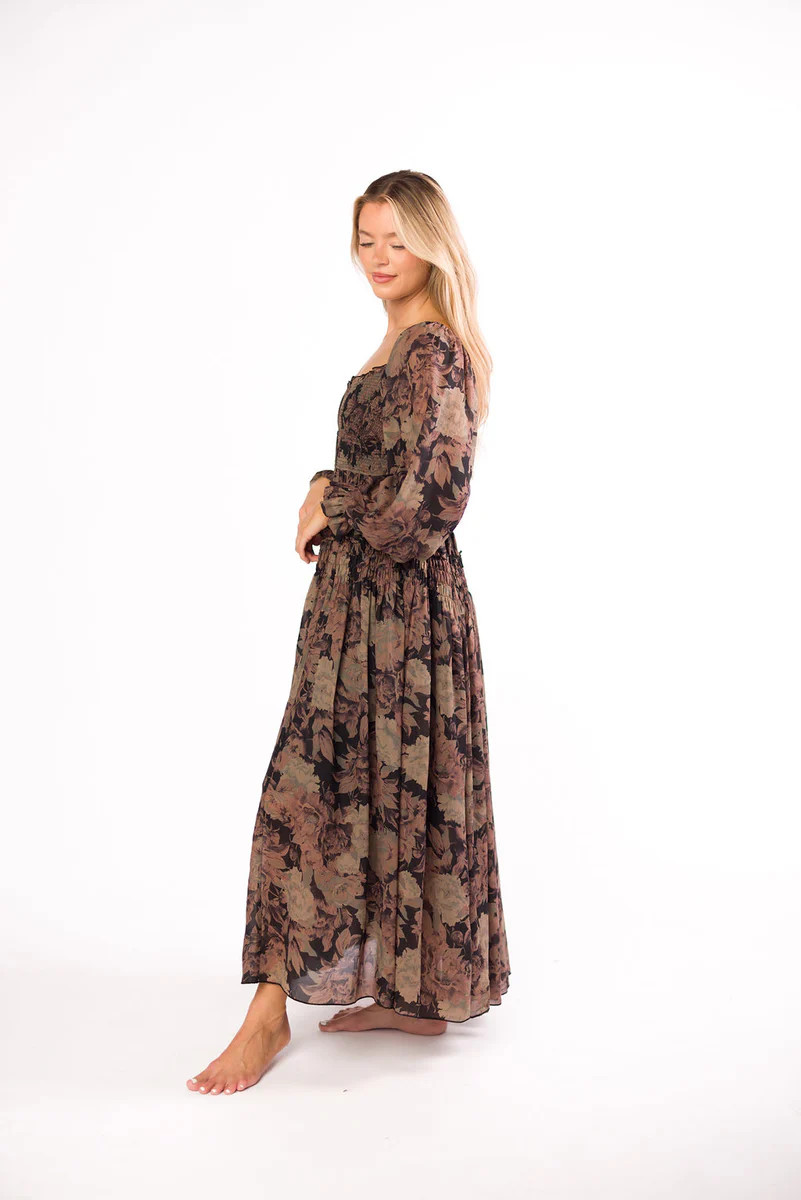 Blaine Smocked Maxi Dress in Black Floral (Almost sold out, cannot be | Worth Collective