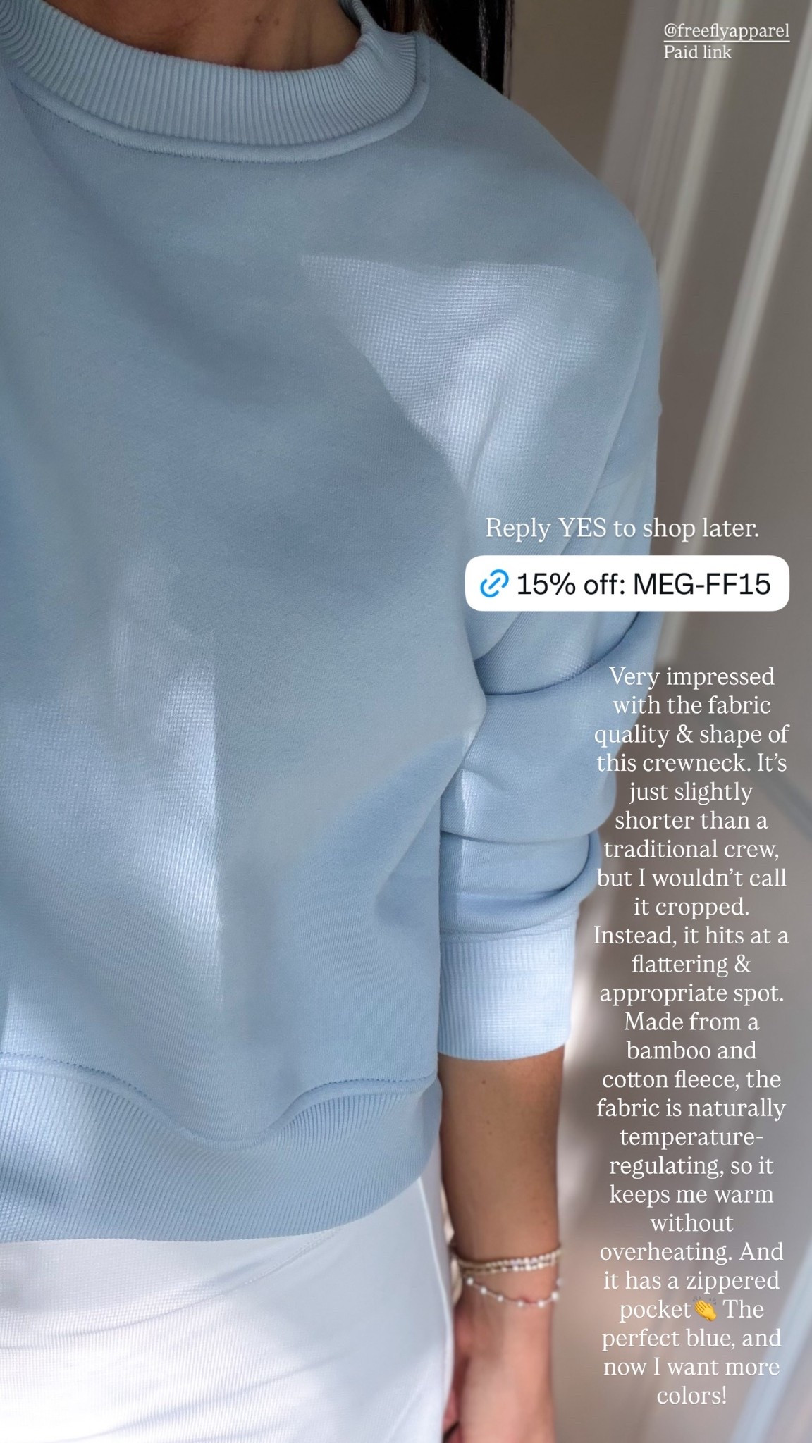 15% off pullover with: MEG-FF15

Very impressed with the fabric quality & shape of this crewneck. It’s just slightly shorter than a traditional crew, but I wouldn’t call it cropped. Instead, it hits at a flattering & appropriate spot. Made from a bamboo and cotton fleece, the fabric is naturally temperature-regulating, so it keeps me warm without overheating. And it has a zippered pocket👏 The perfect blue, and now I want more colors! 

Fits TTS, wearing S.

Casual style, mom outfit, school drop-off, fall fashion

#LTKmomlife #LTKootd #LTKSaleAlert