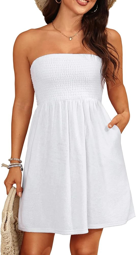 Yonique Women Terry Cloth Cover up - Strapless Beach Cover Up Tube Top with Pockets | Amazon (US)