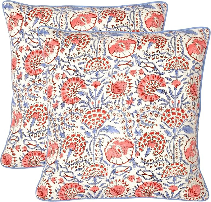 Ridhi Block Print Flamingo Pink Pillow Cover 18" x 18" (Pack of 2) Decorative Couch Pillows for L... | Amazon (US)