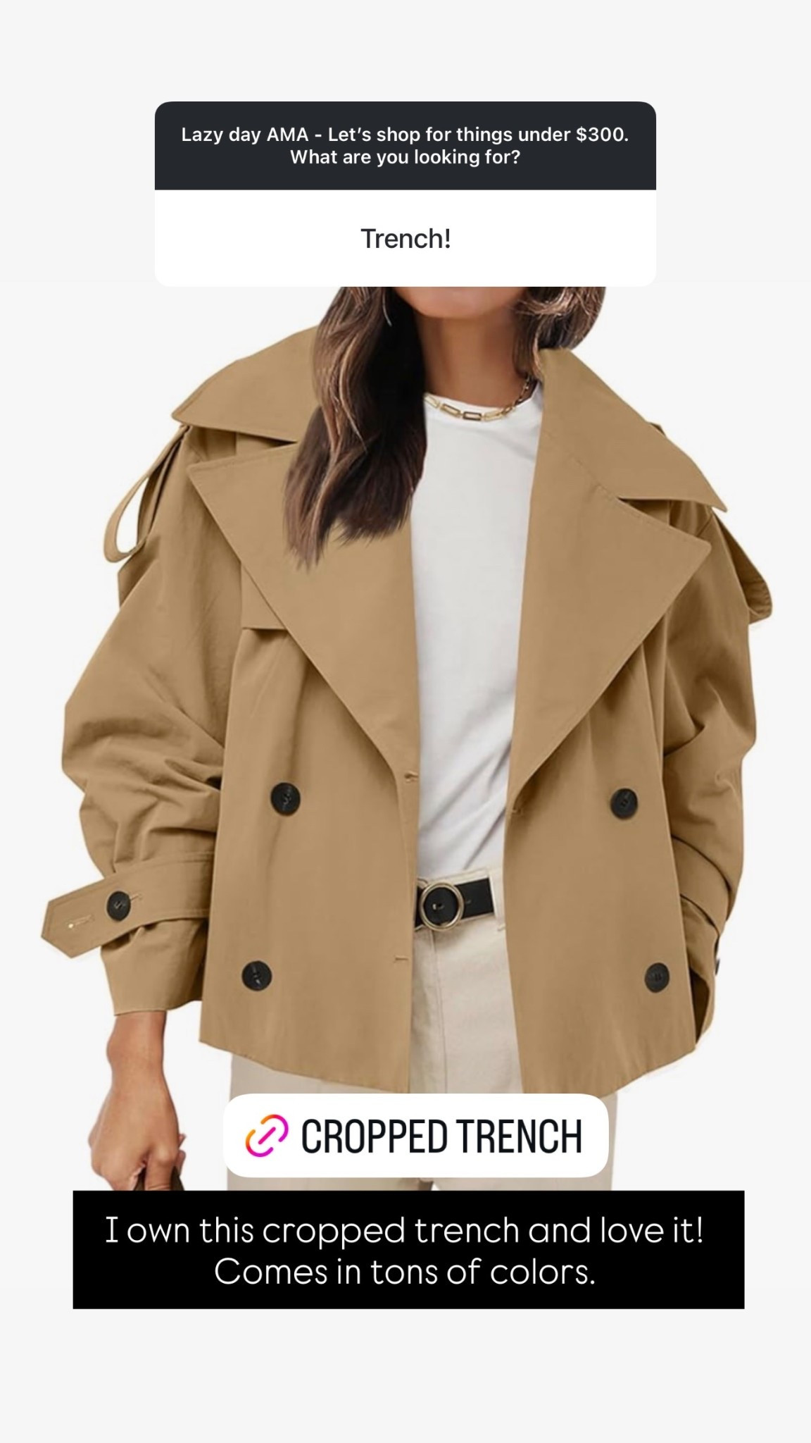 I own this cropped trench and love it! Comes in tons of colors.