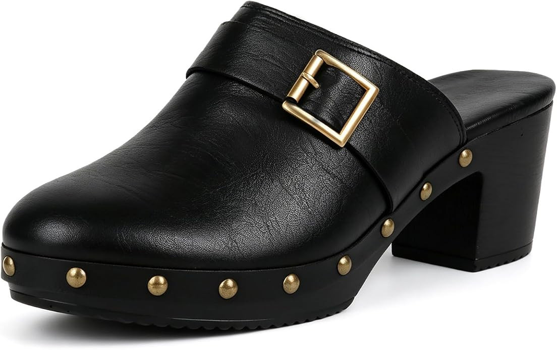 SoundSky Women Studded Clogs Mules Buckle Platform Block Heel | Amazon (US)