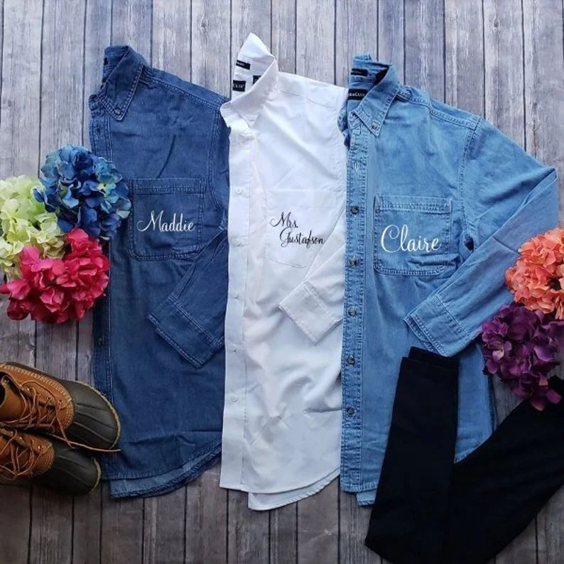 Personalized Bridal Party Shirts | Shirt With Names | Denim Shirts For The Bridal Party | Make Up... | Etsy (US)
