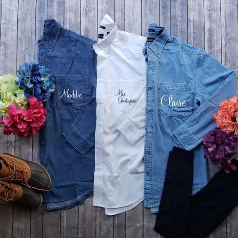 Personalized Bridal Party Shirts | Shirt With Names | Denim Shirts For The Bridal Party | Make Up... | Etsy (US)