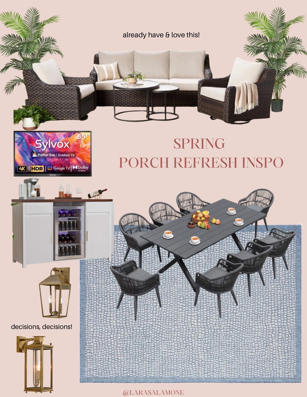 Working on some inspo for my porch this year! I already have the couch set and it's amazing, but I've been eyeing some different 9-piece dining sets. we'll also be doing a TV and sideboard. what do you guys think?

#LTKSeasonal #LTKHome
