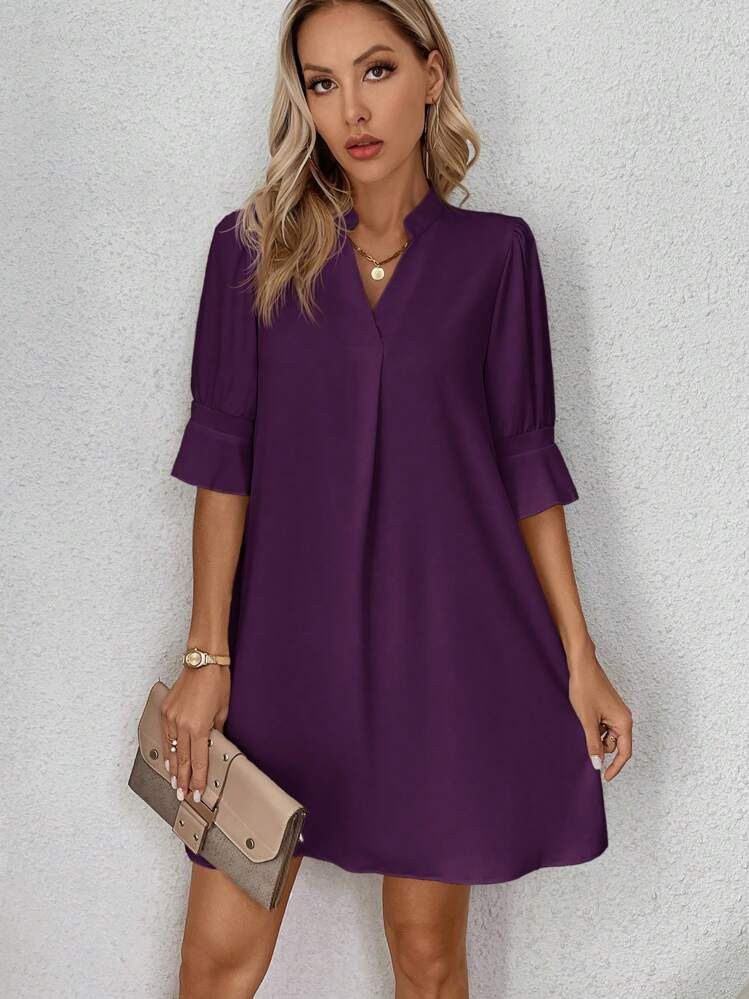 SHEIN Clasi Women Solid Color Short Sleeve Stand Collar Casual Short Mini Dress,Vacation Outfits Women | SHEIN