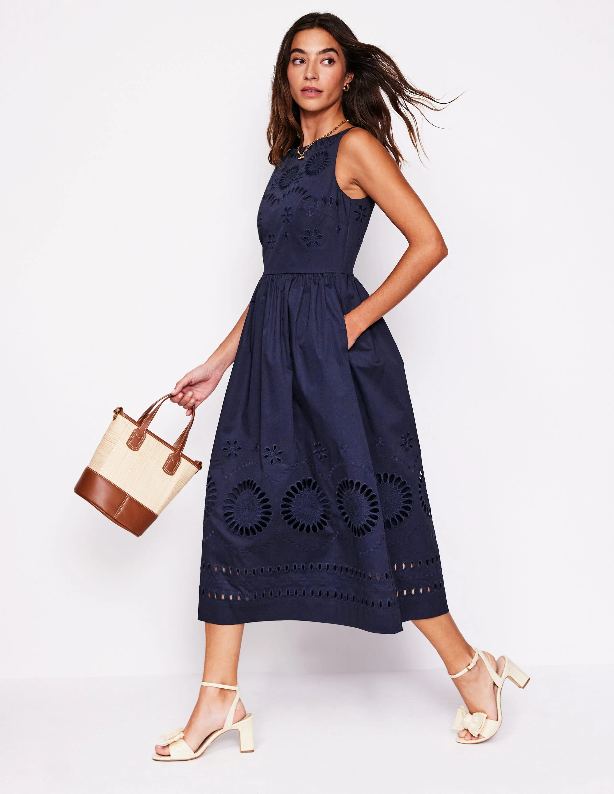 Lauren Broderie Midi Dress-Navy | Boden (US)