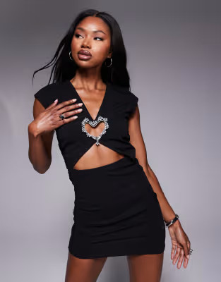 ASOS DESIGN scuba crepe cut-out with ruching mini dress with silver heart trim in black | ASOS | ASOS (Global)