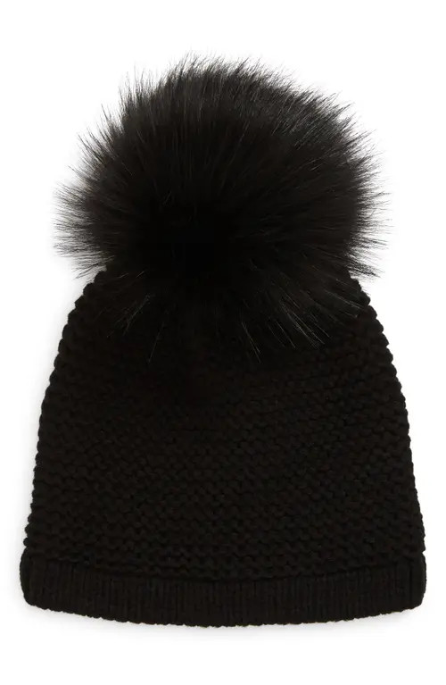 Kyi Kyi Wool Blend Beanie with Faux Fur Pom in Black/Black at Nordstrom | Nordstrom