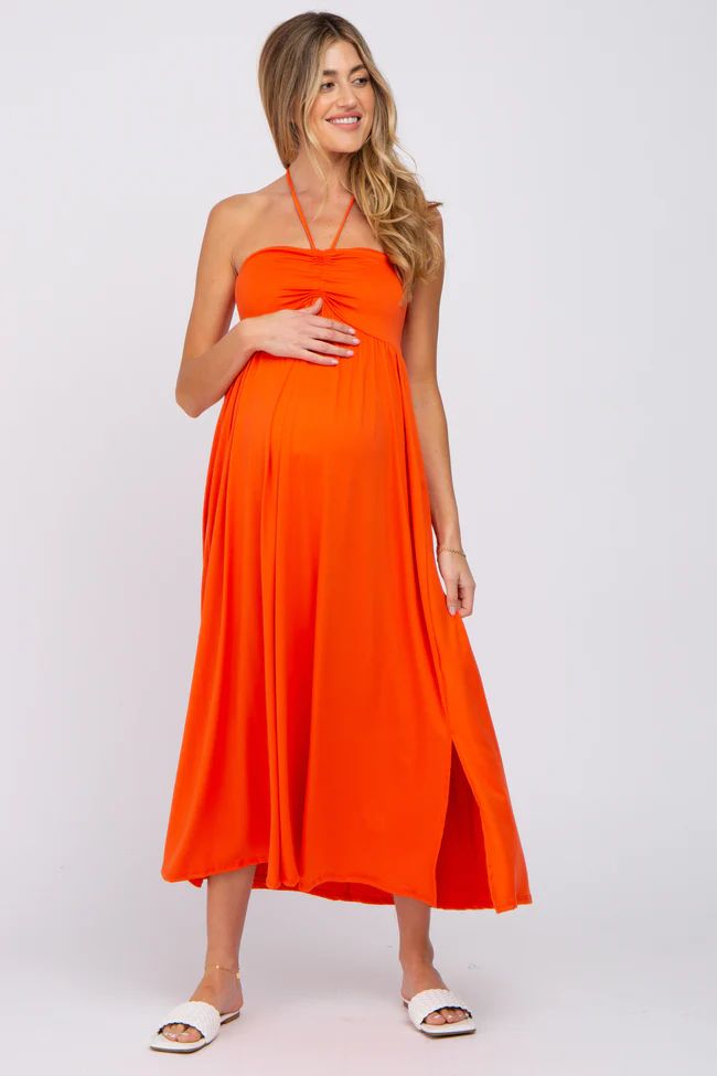 Orange Cinched Halter Neck Maternity Midi Dress | PinkBlush Maternity