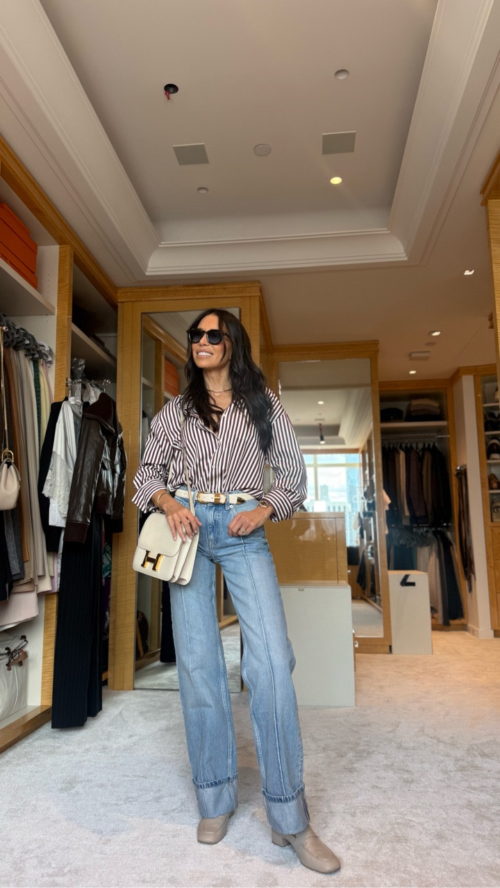 Paired with comfy loafers, a burgundy pinstripe button-down, and a crisp white belt — effortless & elevated. The jeans that make simple look expensive ✨ Tap for the 3rd look! Style 2: 
Casual Day Look