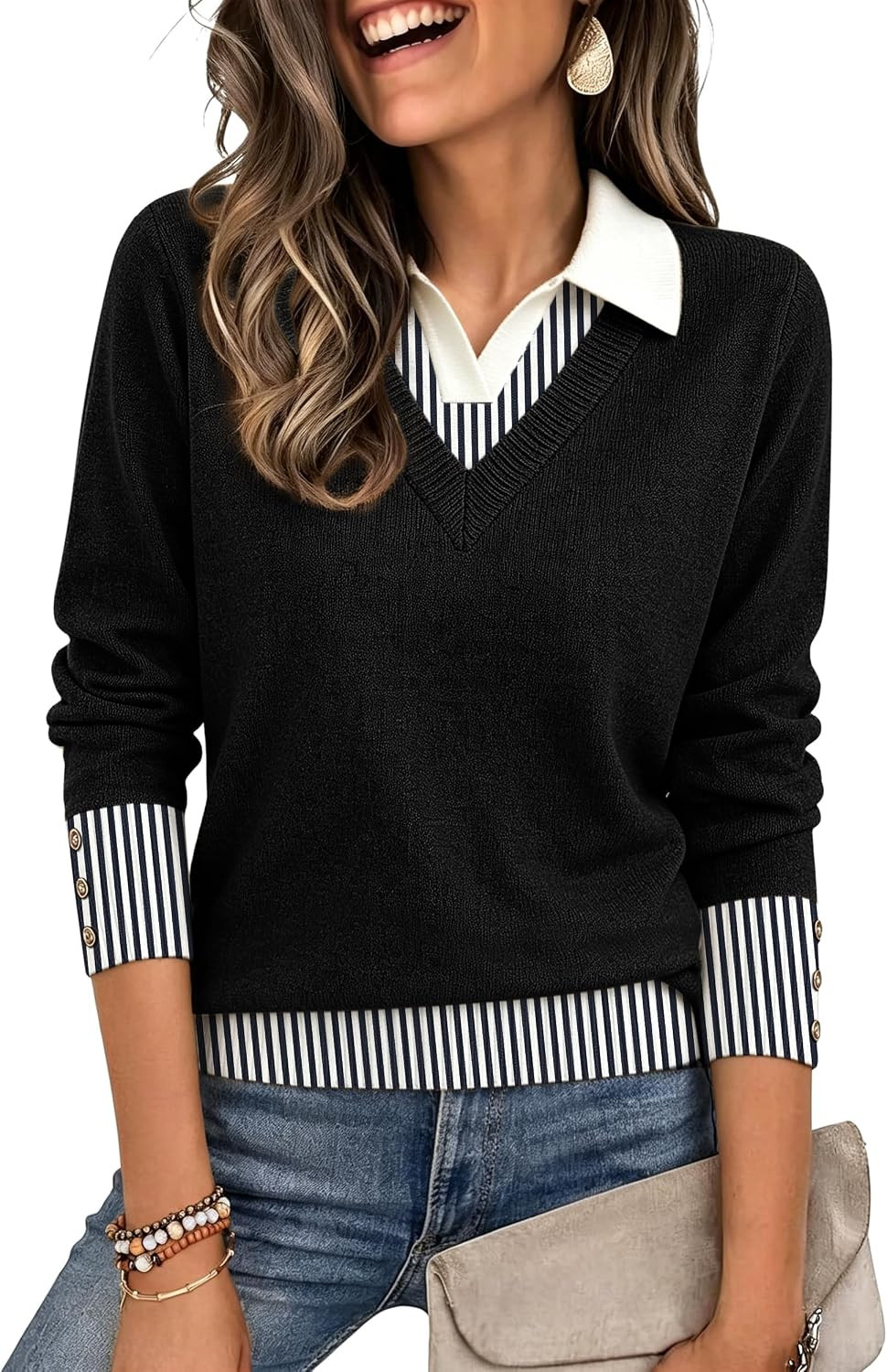 Womens Polo Sweater Tops Lapel Collared V Neck Knit Golf Shirt Fall Outfits | Amazon (US)