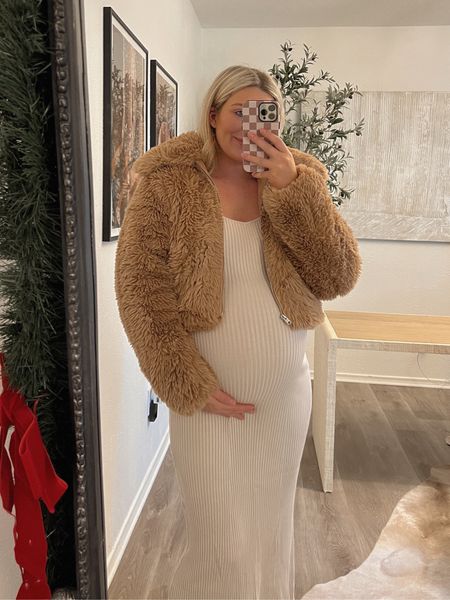 Teddy bear coat and knit midi dress 🤍 in mediums in both! Snag 30% off + extra 15% off with code CYBERAF 

Dress is super bump friendly and one of my favorite non-maternity styles to wear right now 

#LTKsalealert #LTKCyberweek #LTKbump