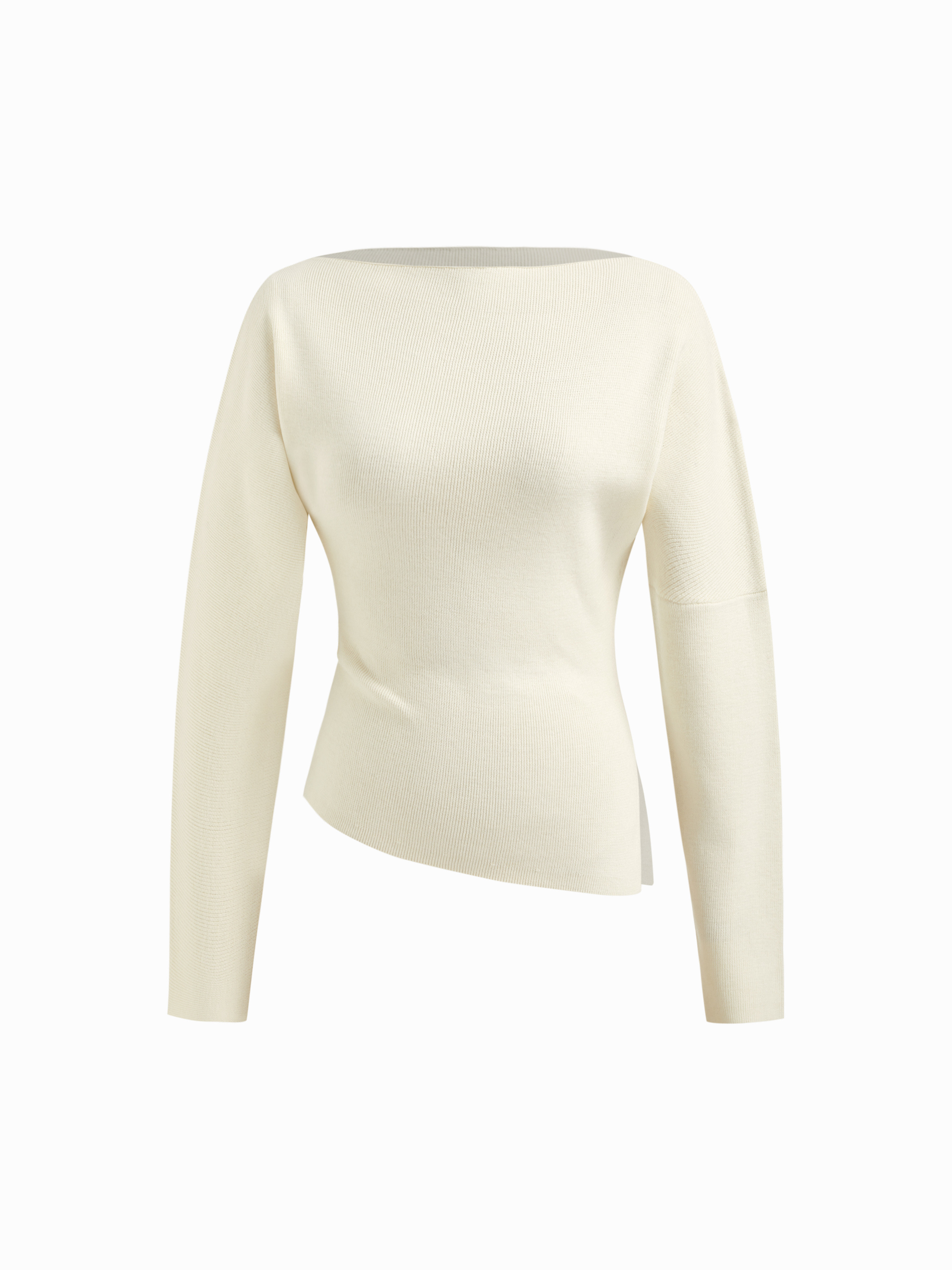 Knit Fabric Knit Boat Neck Asymmetrical Hem Split Long Sleeve Top For Daily Casual | Cider