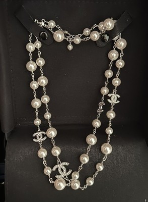 Authentic Chanel CC Sweater Chain Necklace Silver  Metal, Pearls & Crystal NEW | eBay | eBay US