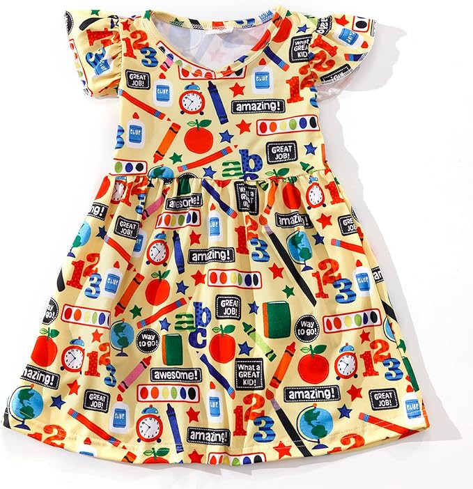 Toddler Girls Back to School Apple Pencil Yellow Dress Causal Flutter Sleeve Ruffle Bottom Dress | Amazon (US)