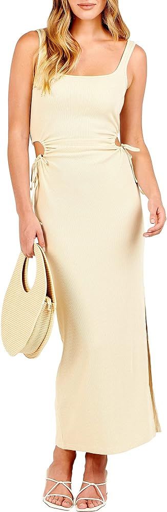 ANRABESS Women's Summer Sleeveless Scoop Neck Fitted Tank Dress Cutout Bodycon Ruched Slit Maxi D... | Amazon (US)