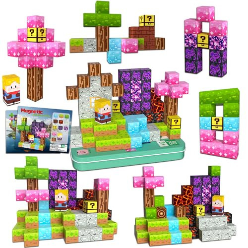 Magnetic Blocks Minecraft-Style Magnetic Building Blocks Cubes - 60PCS Tin Box Travel Magnet Toys Set STEM Educational for Kids Ages 3 4 5 6 7 8 9 10 11 12 Year Old Boys Girls Gifts birthday christmas | Amazon (US)