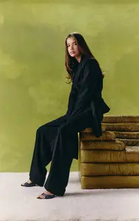 Jackets & Coats | Black Woven Oversized Satin Belted Blazer | PrettyLittleThing | PrettyLittleThing UK