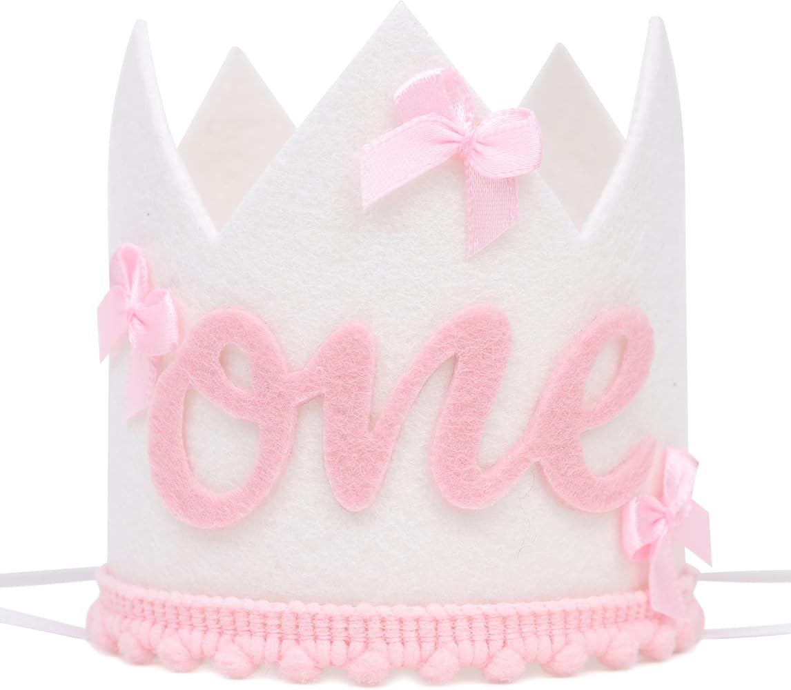 Pink Bow 1st Birthday Crown - White and Pink 1st Birthday Hat for Girls, Bow Theme Party Decorati... | Amazon (US)