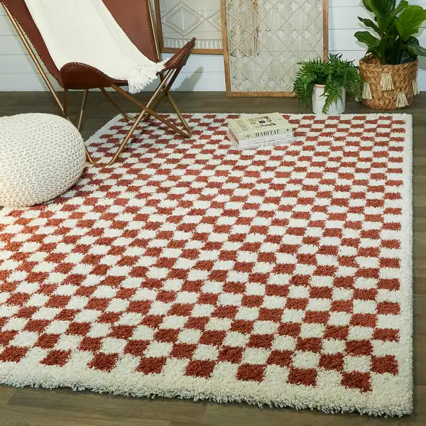 Covey Plush Checkered Thick Shag Area Rug - Overstock - 32814839 | Bed Bath & Beyond