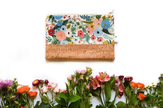 Cork Floral Clutch, Cork Clutch Bag, Rifle Paper Clutch, 39th Anniversary Gift, Large Zipper Pouc... | Etsy (US)