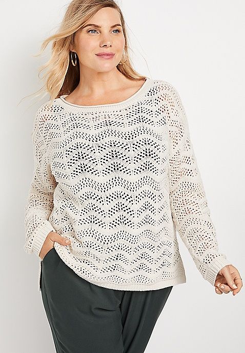 Plus Size White Open Sitched Pullover | Maurices