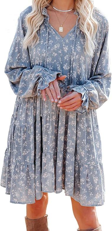 Amazon.com: Ecrocoo Womens Long Sleeve Sexy V Neck Floral Flowy Tunic Shirt Dress Casual Fall Loo... | Amazon (US)