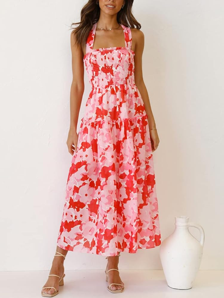 PRETTYGARDEN Women's 2023 Summer Maxi Dress Halter Neck Backless Ruffle Smocked Casual Long Flowy Bo | Amazon (US)