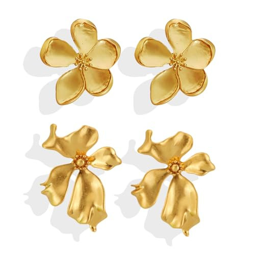 2 Pairs Gold Flower Earrings for Women Trendy Gold Floral Earrings Big Flower Stud Earrings Flower Statement Earrings Metal Flower Earrings Stud Spring Earrings Dainty Gold Jewelry for Women | Amazon (US)