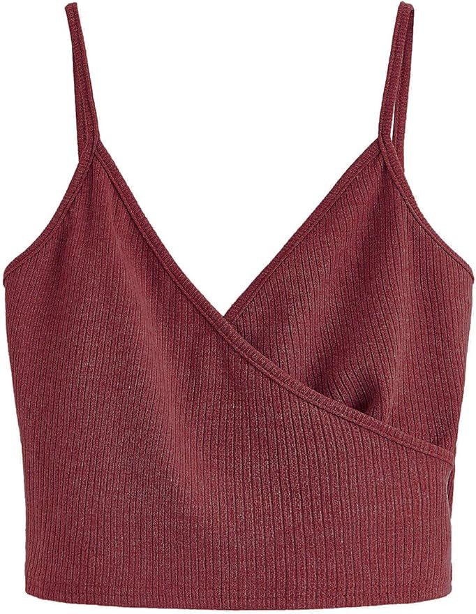 SheIn Women's Casual V Neck Ribbed Knit Overlap Front Crop Cami Top | Amazon (US)