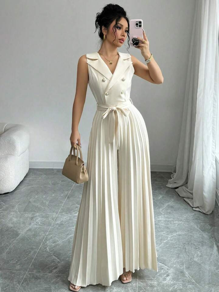 Elenzga Women's Elegant Double-Breasted Pleated Jumpsuit, Apricot, Suitable For Spring And Autumn | SHEIN