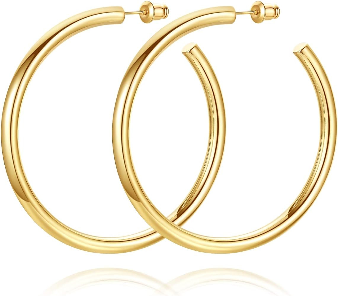Howoo 14K Gold Plated Chunky Gold Hoops High Polished Gold Hoop Earrings for Women | Amazon (US)