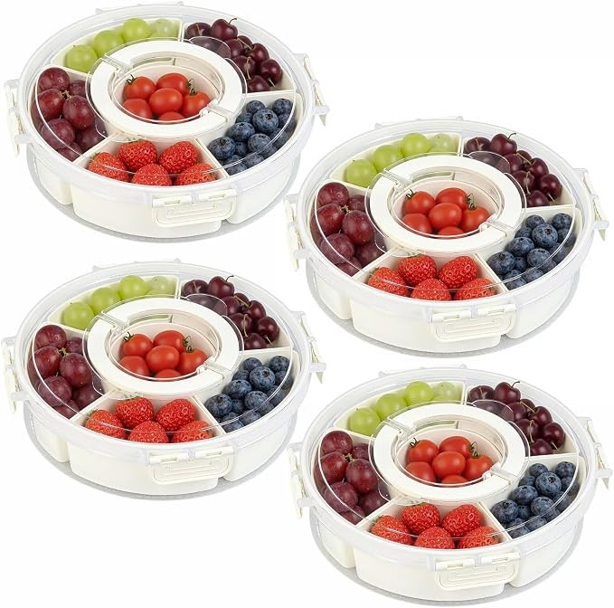 4 Packs Divided Serving Tray with Lid and Handle, Portable Round Snackle Box Container with 6 Com... | Amazon (US)