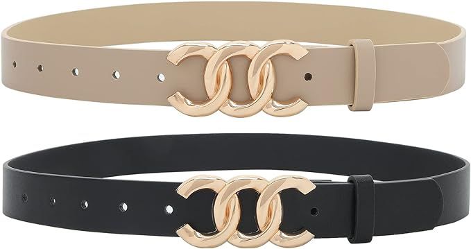 Earnda 2 Pack Women Belts for Jeans Dresses Fashion Gold Buckle Ladies Waist Belt Faux Leather Si... | Amazon (US)
