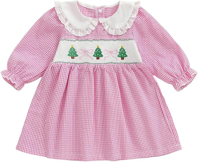Toddler Baby Girl Christmas Outfit Doll Collar Smocked Dress Xmas Santa Claus Embroidery Dresses ... | Amazon (US)