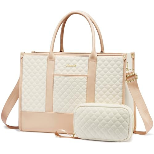 LOVEVOOK Laptop Bags for Women, 15.6 inch Waterproof Work Tote Bag with Clutch, Professional Teacher Computer Purse Lightweight Shoulder Bag Travel, Quilted Beige & Brown | Amazon (US)