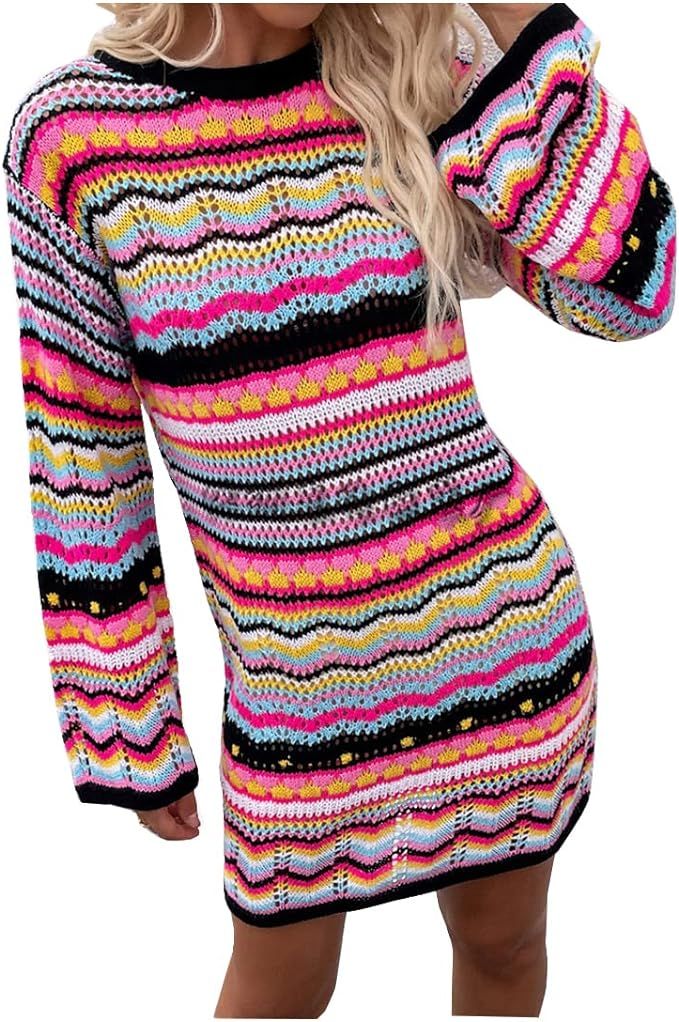 Rainbow Striped Long Sleeve Crochet Striped Mini Casual Sweater Dress Women Color Block Fall Swea... | Amazon (US)