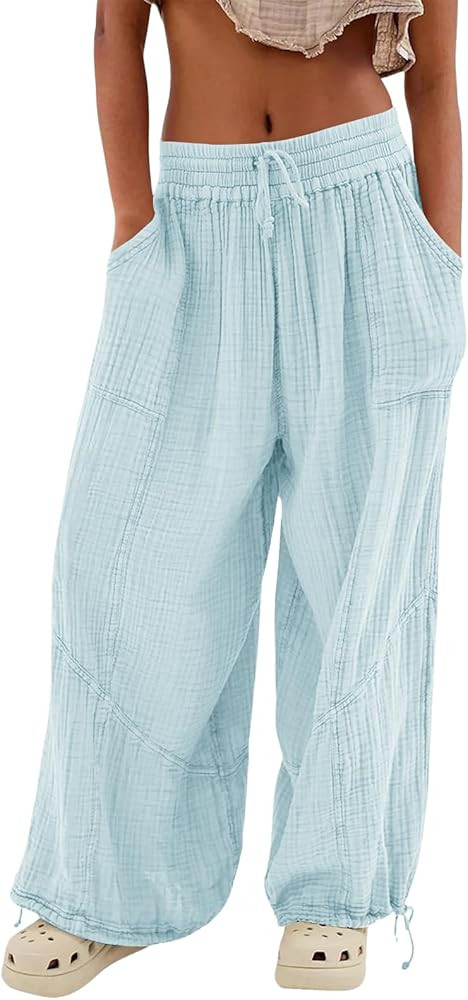 utcoco Womens Casual Loose Fit Wide Leg Cotton Pants Drawstring Stitching Baggy Pants Trousers wi... | Amazon (US)