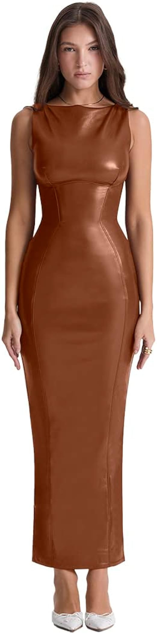 XLLAIS Women's Faux PU Leather Bodycon Maxi Dress Sexy Boatneck Tank Long Dresses | Amazon (US)