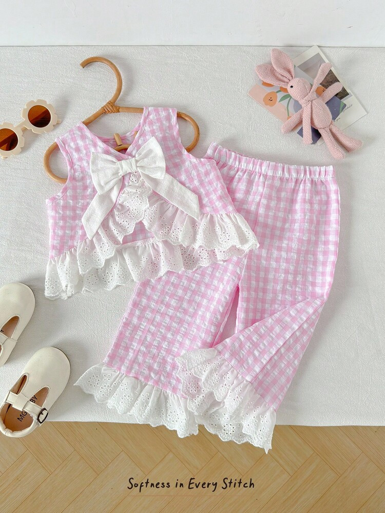 Cozy Pixies 2pcs Baby Girl Colorblock Floral Trim Crew Neck Sleeveless Cardigan Top And Elastic W... | SHEIN